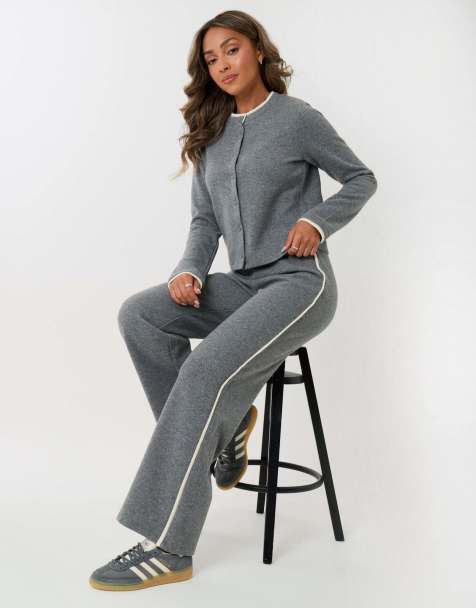 Threadbare Contrast stripe wide leg sweat set in grey