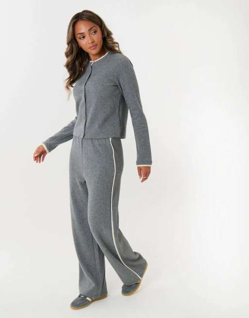 Threadbare Contrast stripe wide leg sweat set in grey, 4 of 4