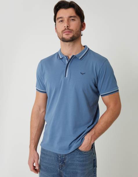 Threadbare Contrast tipping cotton jersey polo shirt in blue - view 1