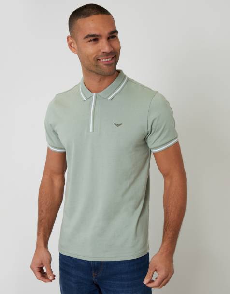 Threadbare Contrast tipping cotton jersey polo shirt in pale green - view 1