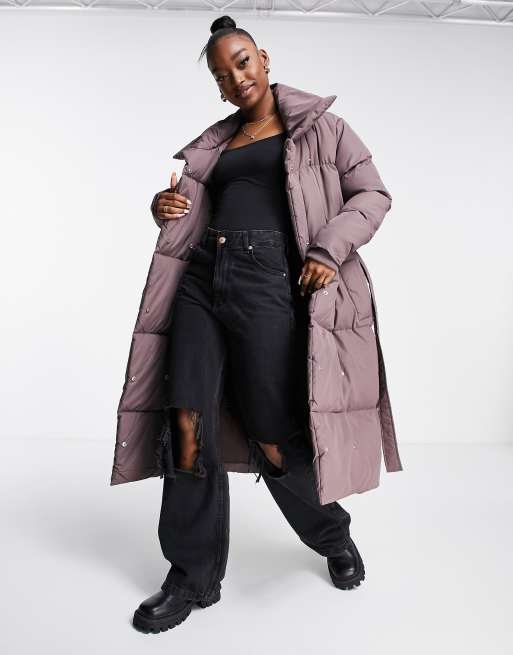 Threadbare Coral oversized duvet belted maxi coat in peppercorn
