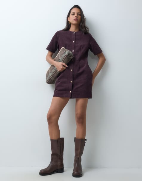 Threadbare cord button down mini dress in plum - view 1