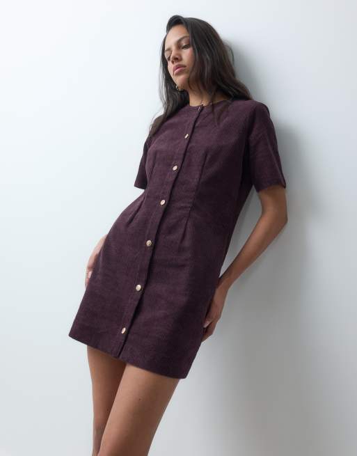 Threadbare cord button down mini dress in plum	, 2 of 5
