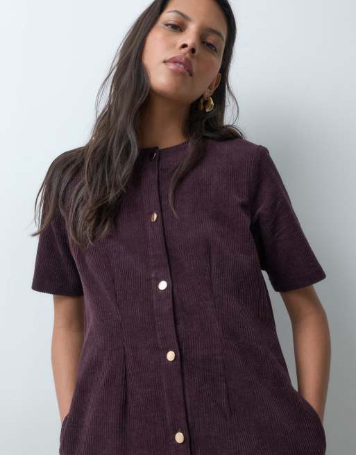 Threadbare cord button down mini dress in plum	, 3 of 5