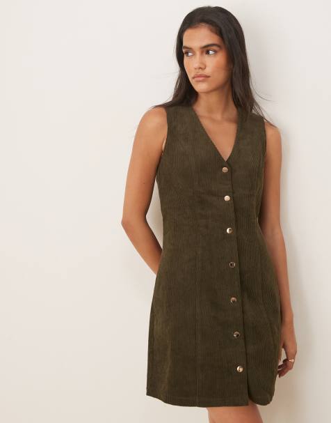 Threadbare cord button front mini dress in olive green - view 1
