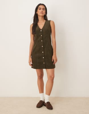 Threadbare Cord Button Front Mini Dress In Green