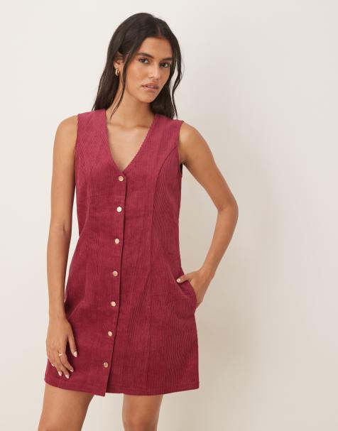 Threadbare cord button front mini dress in raspberry - view 1