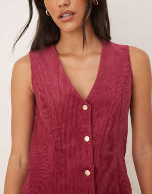 Threadbare Cord Button Front Mini Dress In Burgundy