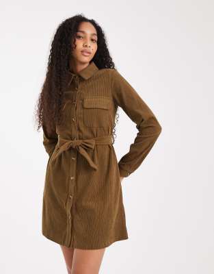 Threadbare Threadbare cord button through shirt dress in khaki-Green