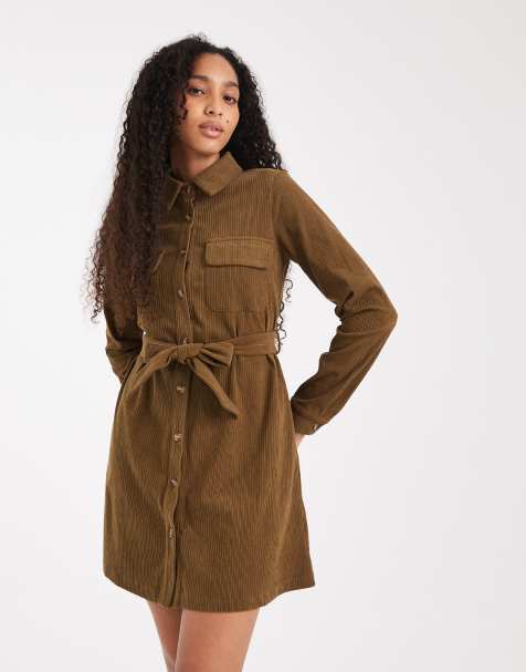 Threadbare cord button through shirt dress in khaki - view 1
