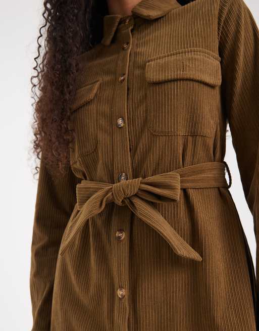 Threadbare cord button through shirt dress in khaki, 4 of 4