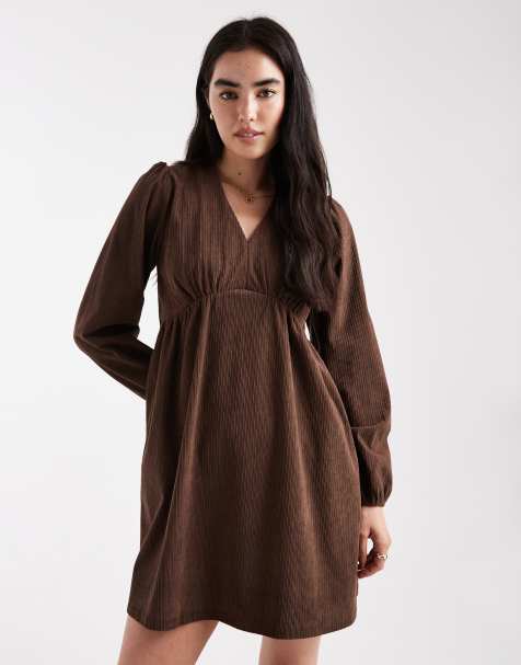 Threadbare cord long sleeve mini dress in chocolate brown - view 1