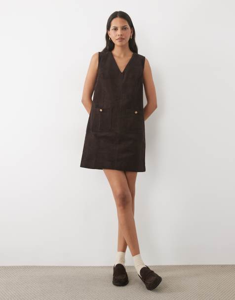 Threadbare cord pinafore mini-jurk in bruin - view 1