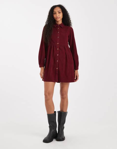 Threadbare cord shirt mini dress in fig - view 1