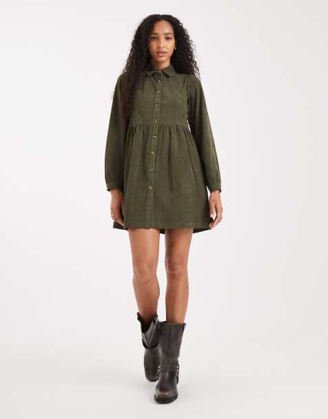 Threadbare cord shirt mini dress in green - view 1