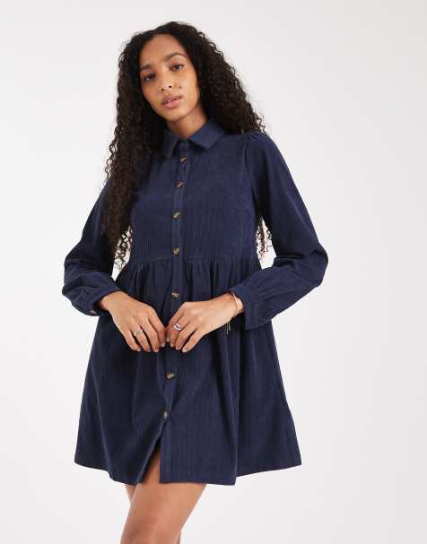 Threadbare cord shirt mini dress in navy - view 1