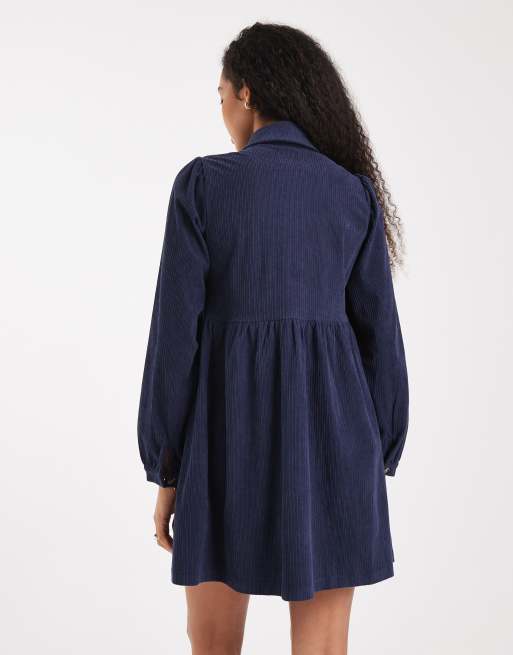 Threadbare cord shirt mini dress in navy, 3 of 4
