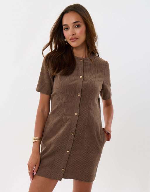 Threadbare Corduroy button down mini dress in mocha brown, 2 of 5
