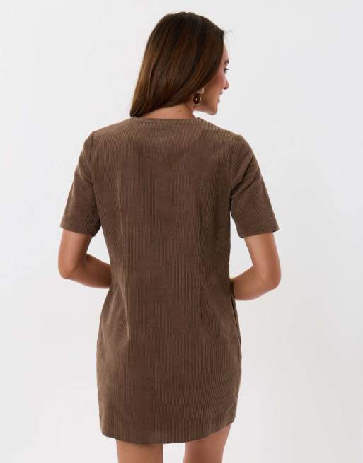 Threadbare Corduroy button down mini dress in mocha brown, 4 of 5