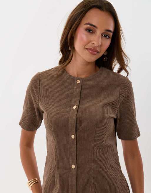 Threadbare Corduroy button down mini dress in mocha brown, 5 of 5