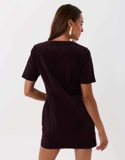 Threadbare Corduroy button down mini dress in plum, 4 of 5
