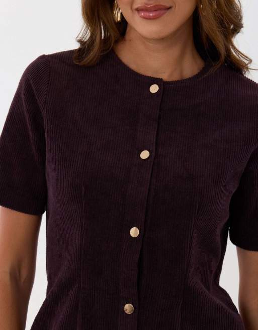 Threadbare Corduroy button down mini dress in plum, 5 of 5
