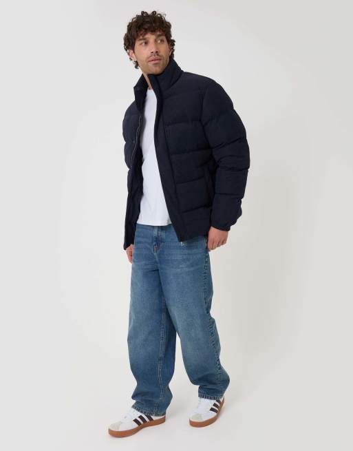 Threadbare Corduroy funnel neck puffer coat in navy, 3 of 5