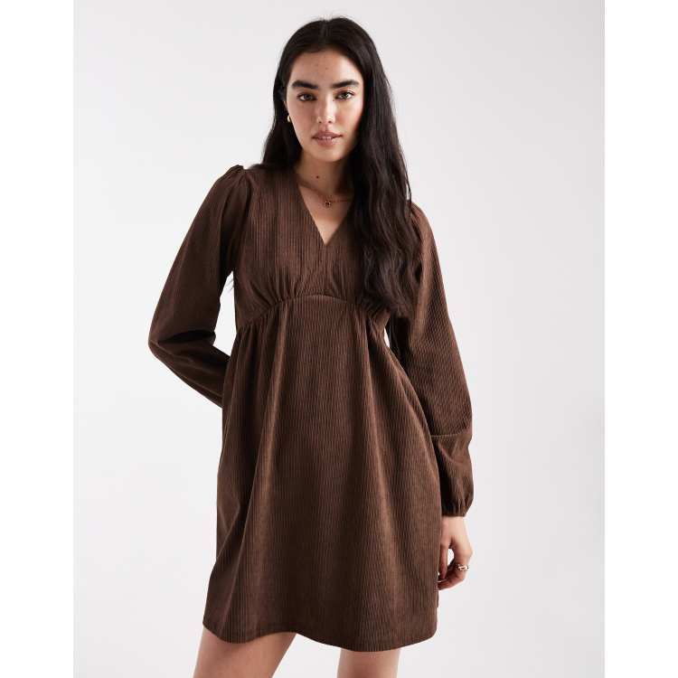 Threadbare corduroy long sleeve mini dress in chocolate brown