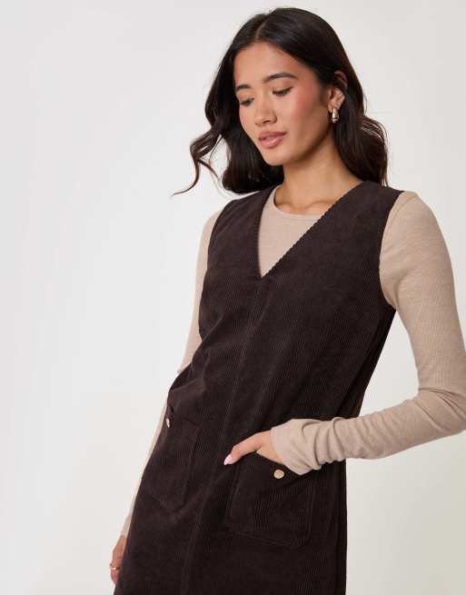 Threadbare Corduroy v neck mini dress in chocolate brown, 3 of 5