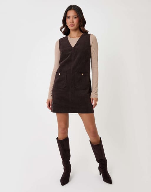 Threadbare Corduroy v neck mini dress in chocolate brown, 4 of 5