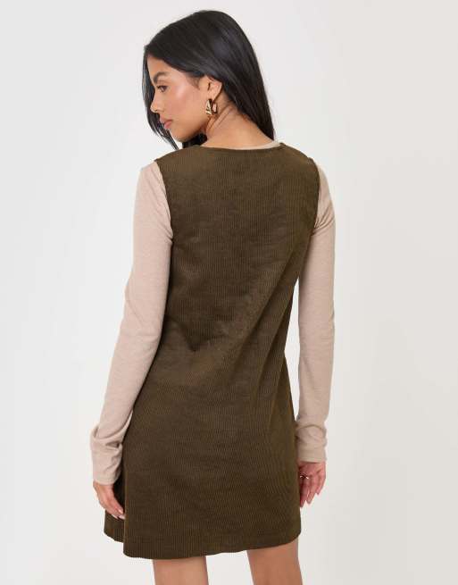Threadbare Corduroy v neck mini dress in khaki, 2 of 5