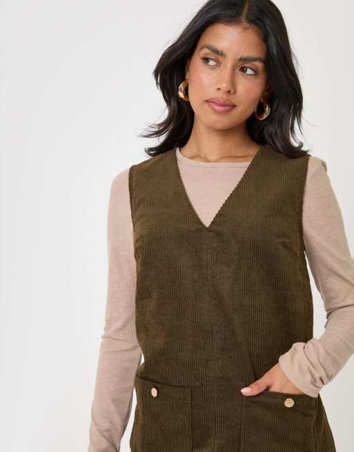 Threadbare Corduroy v neck mini dress in khaki, 3 of 5