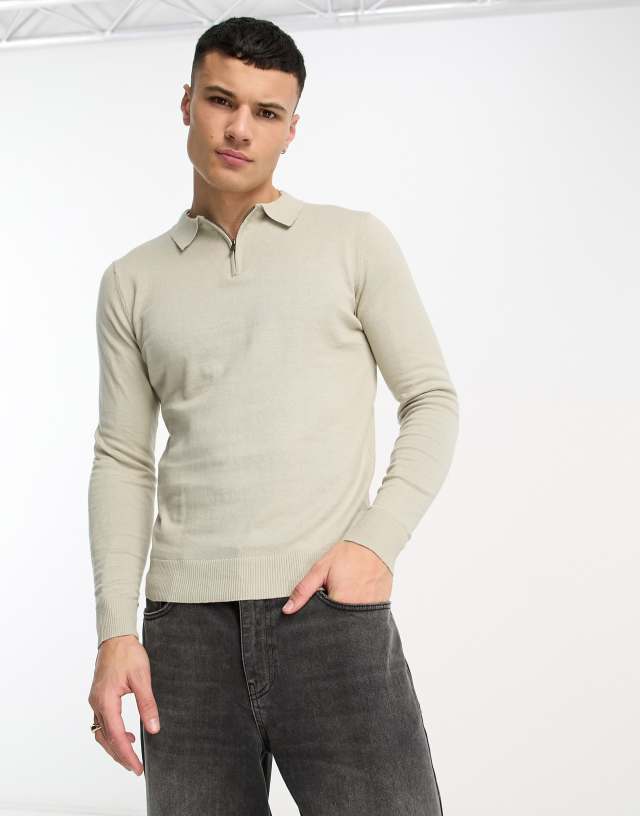 Threadbare cotton 1/4 zip long sleeve knit polo in oatmilk