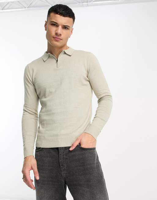 Threadbare cotton 1/4 zip long sleeve knitted polo in oatmilk