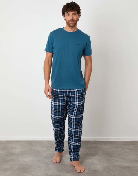 Threadbare Cotton blend check pyjama set in teal - view 1