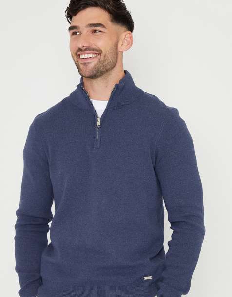 Threadbare Cotton blend knitted quarter zip jumper in blue