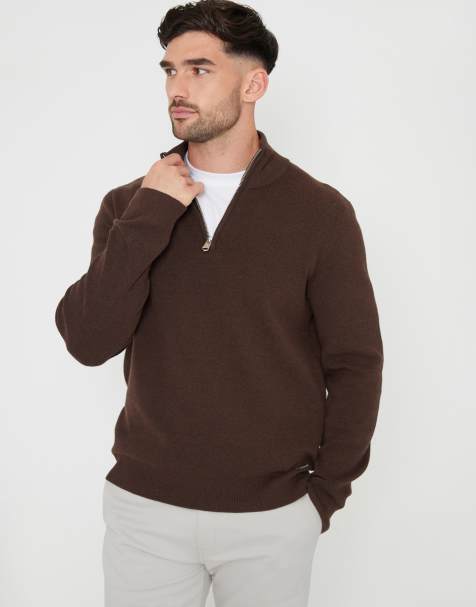 Threadbare Cotton blend knitted quarter zip jumper in brown - view 1