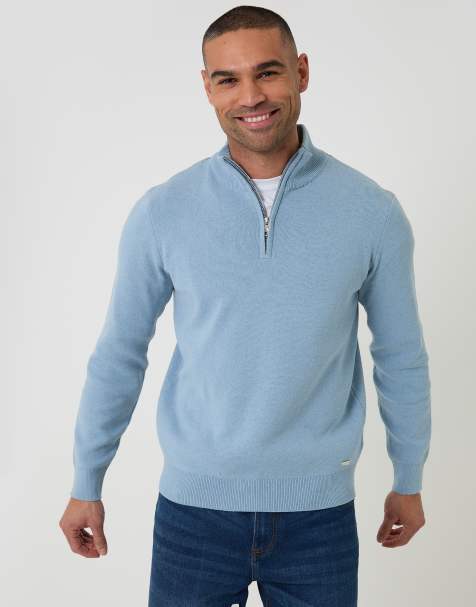 Threadbare Cotton blend knitted quarter zip jumper in light blue - view 1