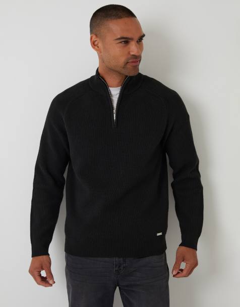 Threadbare Cotton blend rib panel quarter zip knitted jumper in black - view 1