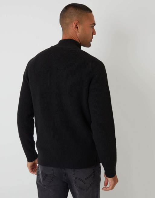 Threadbare Cotton blend rib panel quarter zip knitted jumper in black, 2 of 7