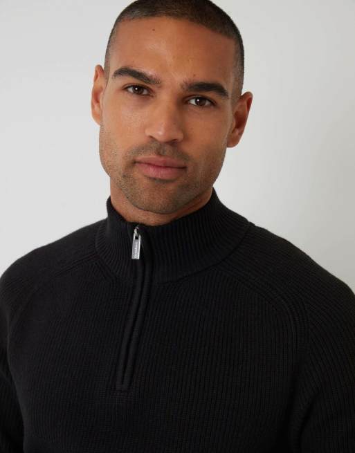 Threadbare Cotton blend rib panel quarter zip knitted jumper in black, 3 of 7