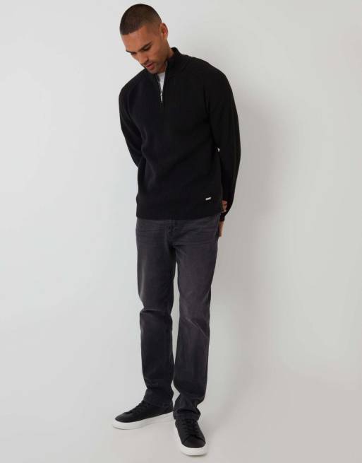 Threadbare Cotton blend rib panel quarter zip knitted jumper in black, 4 of 7