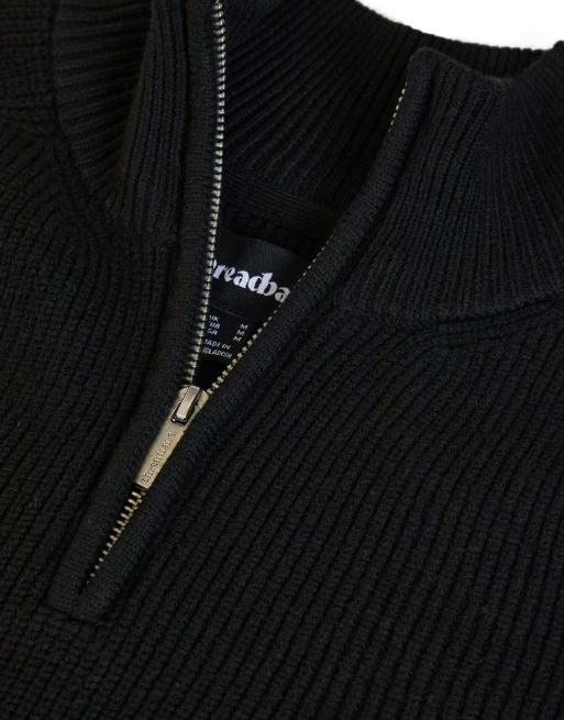 Threadbare Cotton blend rib panel quarter zip knitted jumper in black, 5 of 7