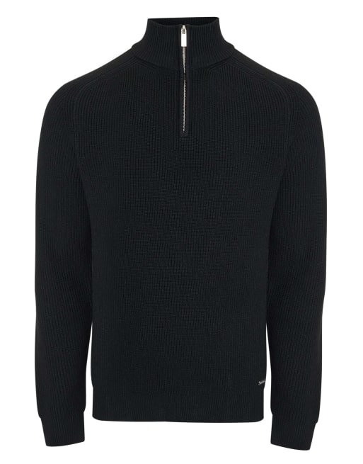 Threadbare Cotton blend rib panel quarter zip knitted jumper in black, 7 of 7