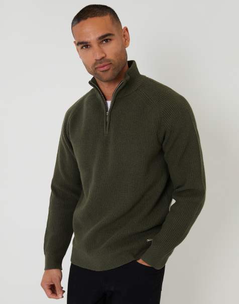 Threadbare Cotton blend rib panel quarter zip knitted jumper in green
