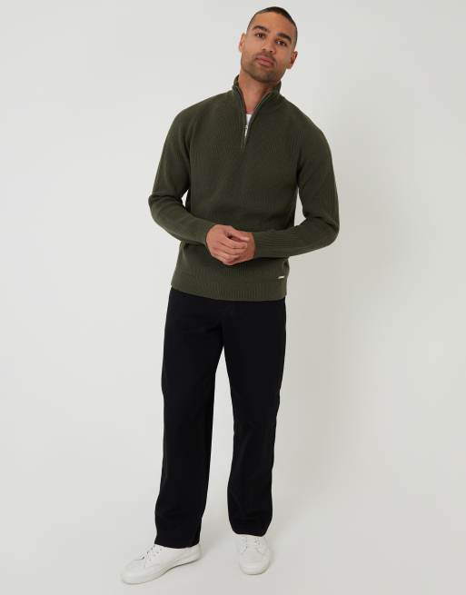 Threadbare Cotton blend rib panel quarter zip knitted jumper in green, 2 of 4