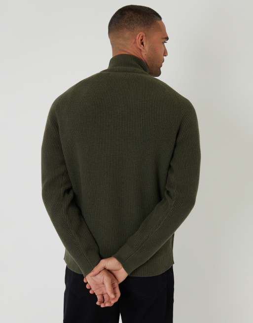 Threadbare Cotton blend rib panel quarter zip knitted jumper in green, 4 of 4