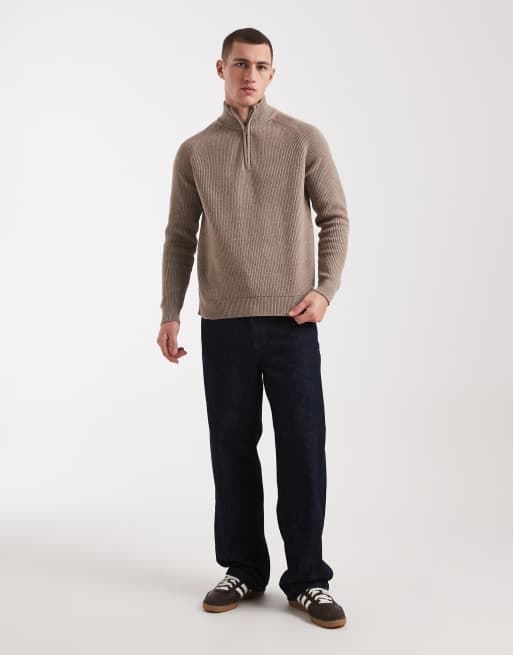 Threadbare cotton blend ribbed 1/4 zip jumper in taupe, 2 of 5