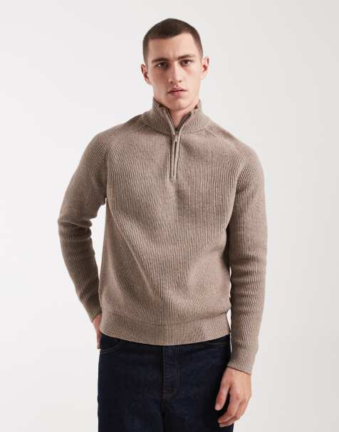 Threadbare cotton blend ribbed 1/4 zip sweater in taupe - view 1