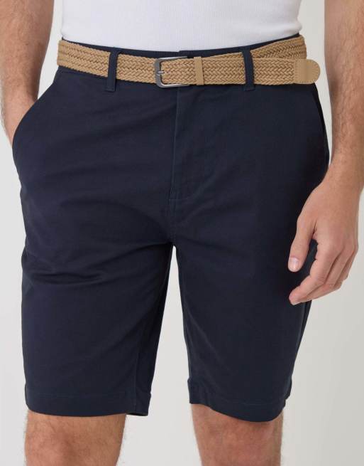 Threadbare Cotton chino shorts with woven belt in navy, 3 of 4